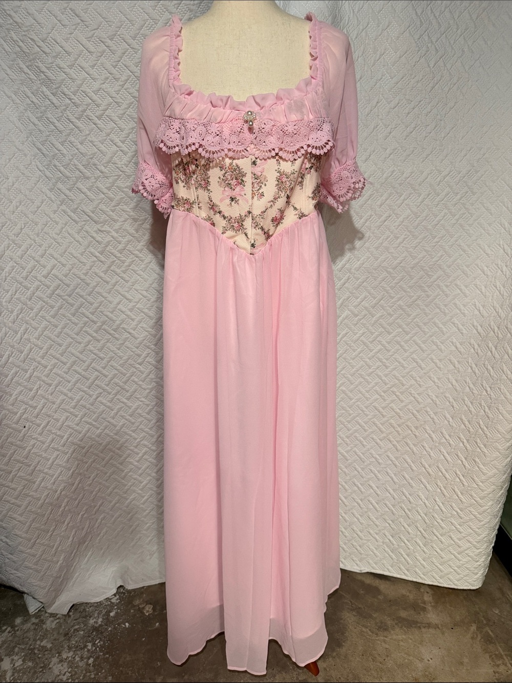 SHEIN Pink Floral Lace-Trim Long Dress